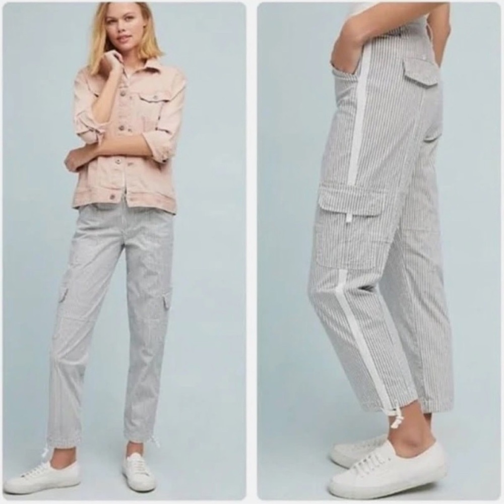 Sanctuary X Anthropologie Striped Ankle Cargo Jogger Pants white gray